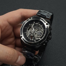 Чоловічий механічний наручний годинник скелетон з автопідзаводом Forsining 8130 Black-Silver